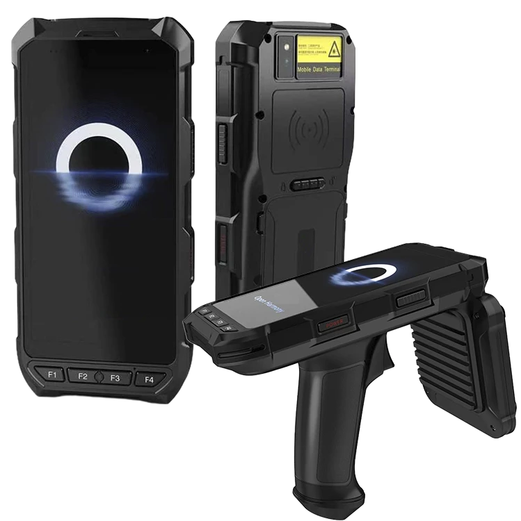 Athesi E550 RFID: composición del terminal en vistas frontal y trasera junto a una configuración con empuñadura RFID | BELSATIA