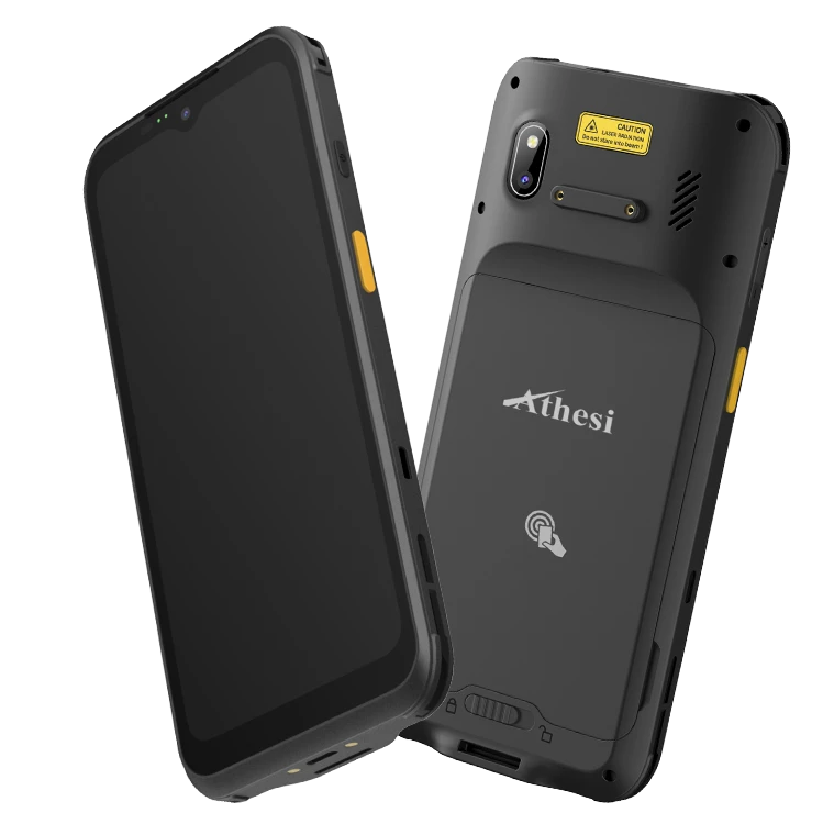 Athesi E65: composición de las vistas frontal y trasera con cámara y botón lateral amarillo | BELSATIA