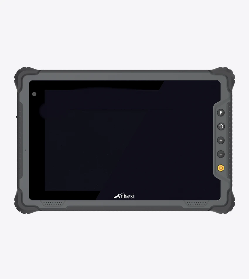 Athesi E8E: vista frontal con pantalla apagada y botones en el marco reforzado | BELSATIA