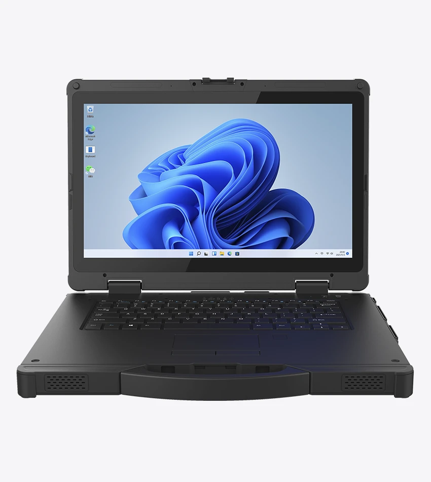 Athesi RT14: vista frontal del portátil abierto con teclado y escritorio de Windows | BELSATIA