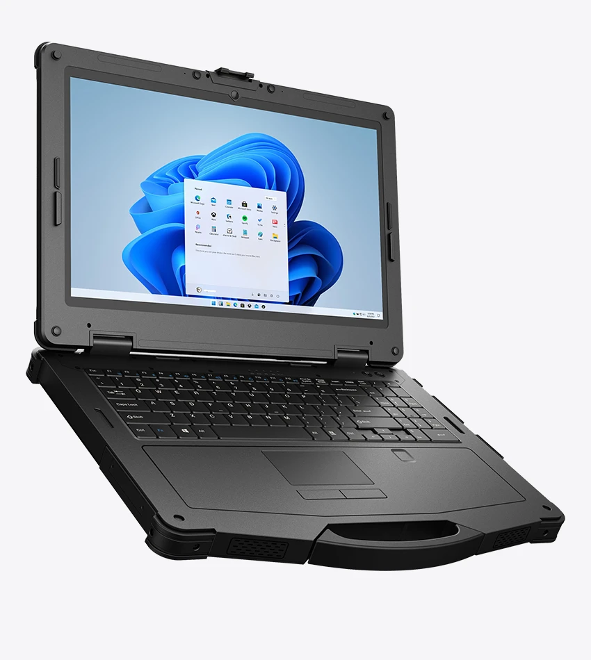 Athesi RT15: vista frontal inclinada del portátil abierto con pantalla encendida y teclado | BELSATIA