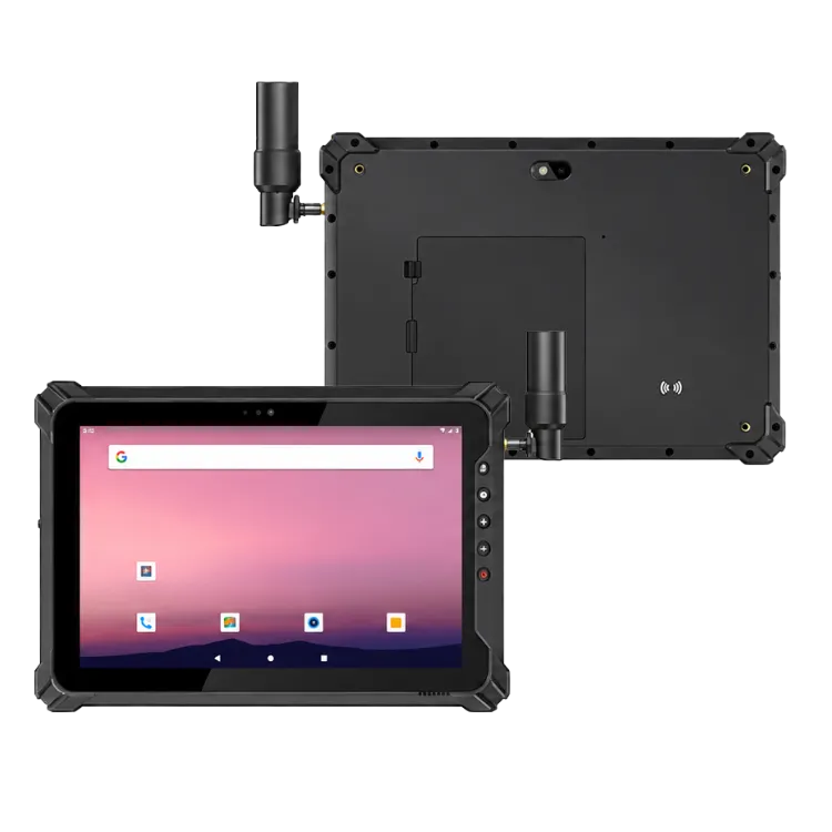 Athesi E10T GNSS RTK: composición de las vistas frontal y trasera con pantalla encendida y antena GNSS externa | BELSATIA