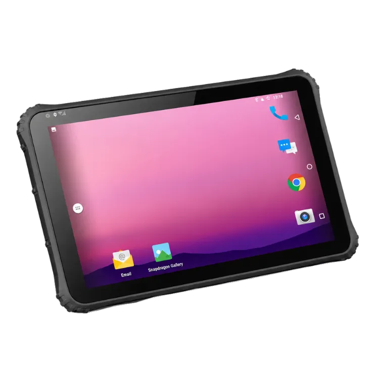 Tablet rugerizada Athesi E12T en vista frontal inclinada, con pantalla encendida y carcasa reforzada | BELSATIA